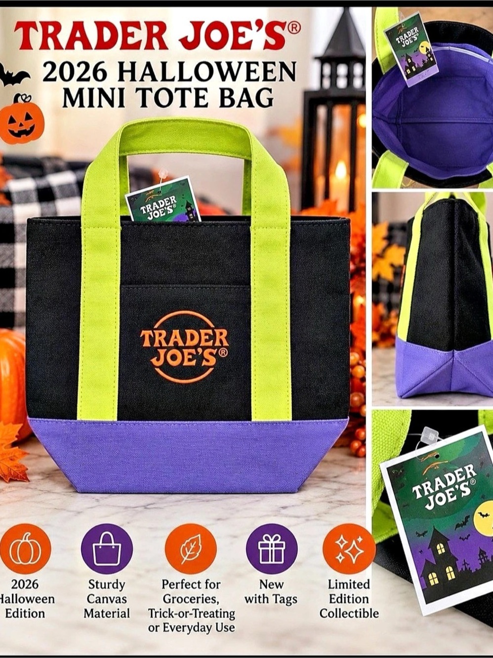 Trader Joe's Trick-or-Treat Mini Canvas Tote Bag (2026 Edition) Black & Purple